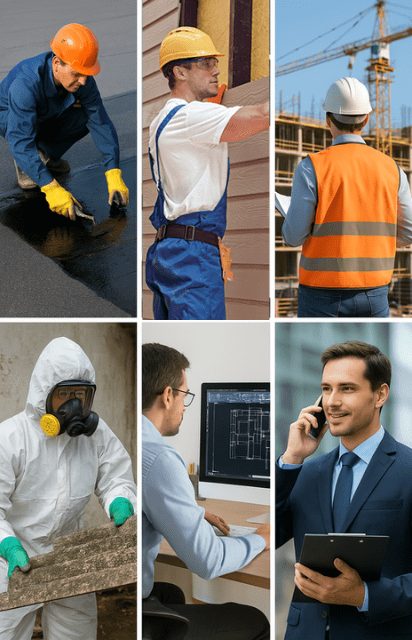 Collage de six photos montrant un étancheur, un bardeur, un chef de chantier, un opérateur de désamiantage, un dessinateur AutoCAD et un chargé d'affaires en train de travailler.
