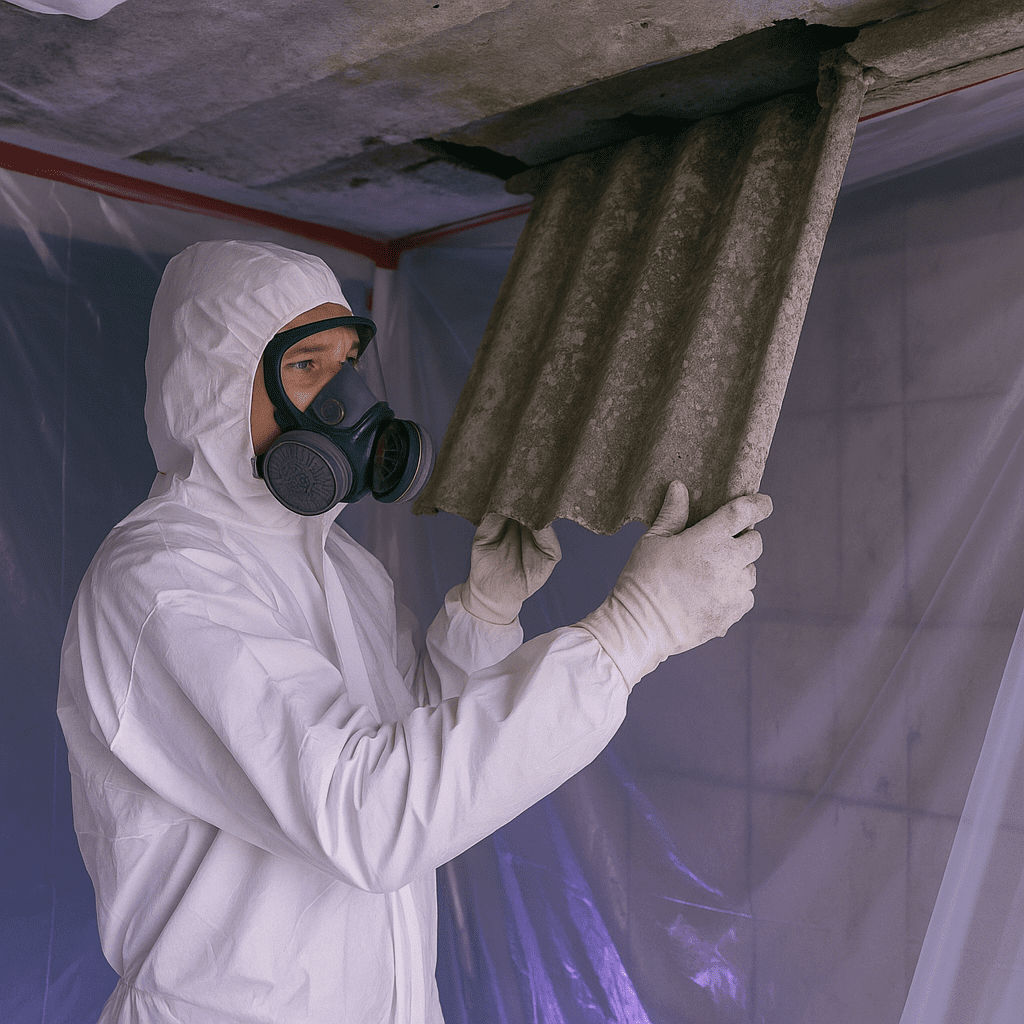 Ouvrier en désamiantage portant une combinaison de protection et un masque respiratoire, retirant un panneau en amiante dans une zone confinée.