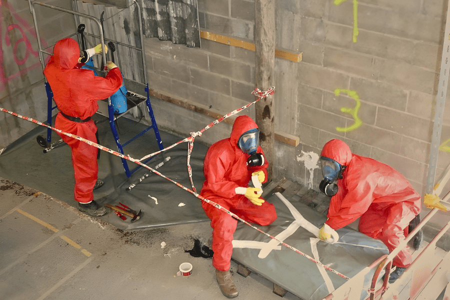 Travaux de désamiantage réalisés par des opérateurs en combinaison rouge dans une zone confinée